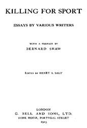 Killing For Sport / Essays By Various Writers