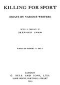 Killing For Sport / Essays By Various Writers